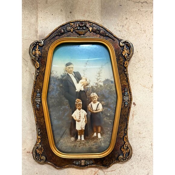 Antique Picture Frame Wood Ornate Gesso Convex Bubble Glass Picture Octagon Fami - Picture 11 of 12